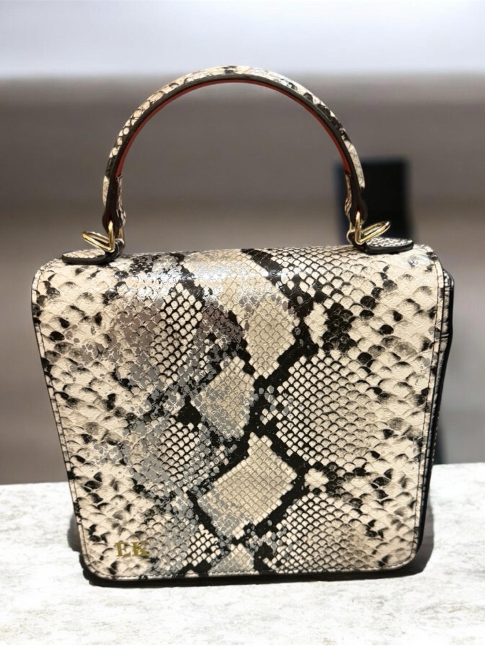Structured Snake-Print Top Handle Satchel in Cream & Black